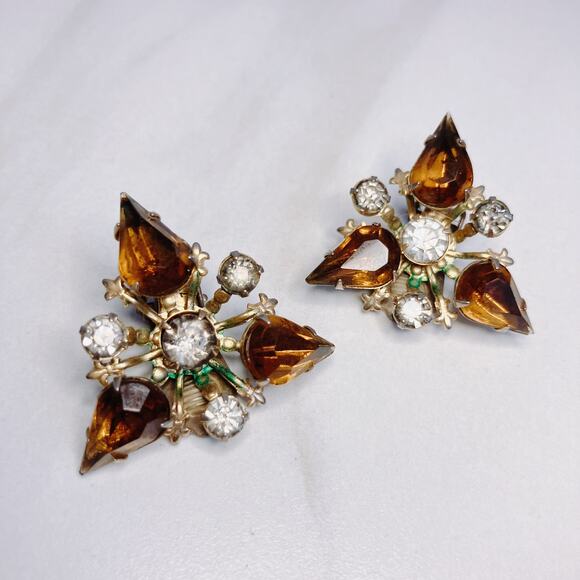 Vintage Amber Rhinestone Clip-On Earrings, Mid Century, Prong Set Teardrop Glass - Picture 6 of 10